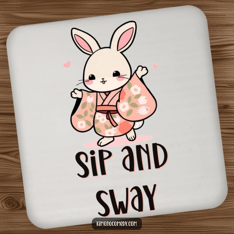 Funny Kawaii rabbit in a floral kimono, dancing gracefully, displayed on this durable coaster for a touch of humor.