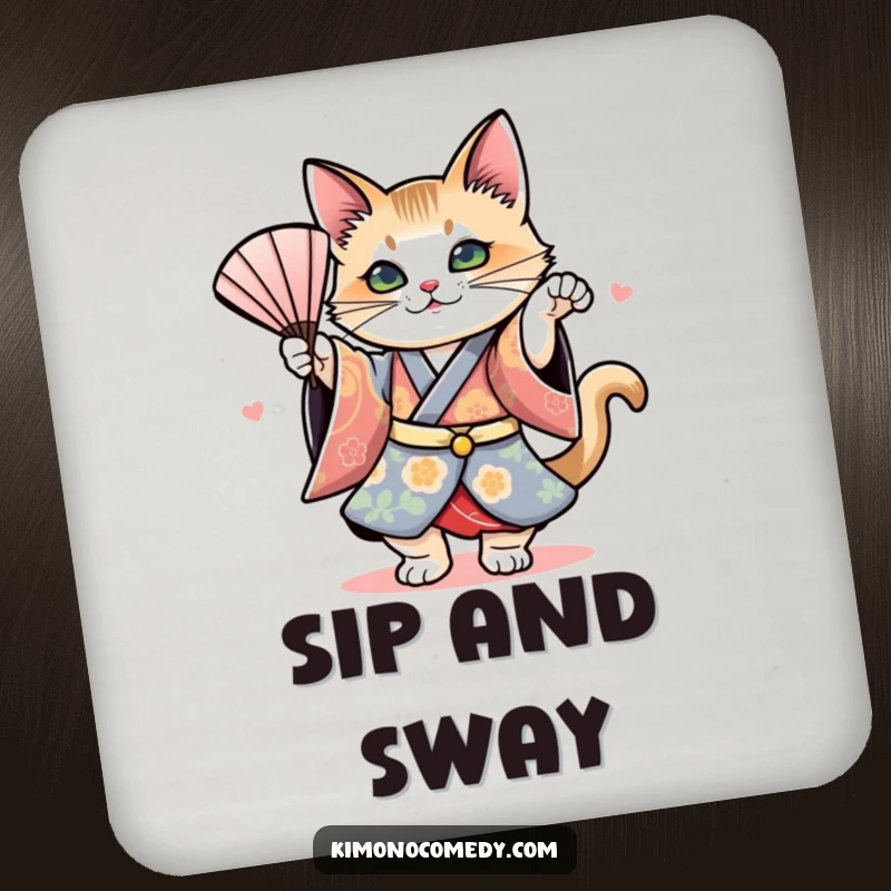 Funny drink coaster featuring a cat in a kimono doing a dramatic fan dance, protecting surfaces with artistic humor and flair.