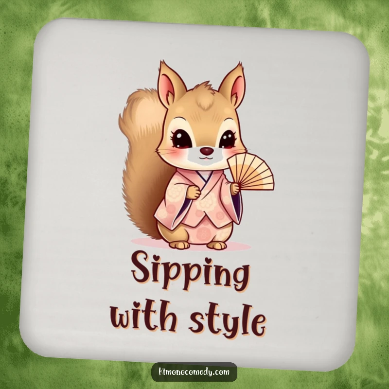 Funny Kawaii Squirrel Drink Coaster: Curious character in a patterned kimono, holding a delicate fan, adding elegance to table settings.