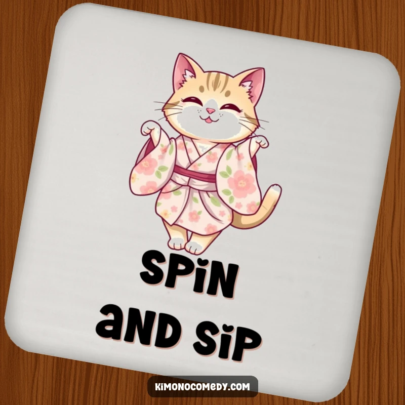 Funny cat in a floral kimono, performing a graceful twirl. A stylish and protective drink coaster.