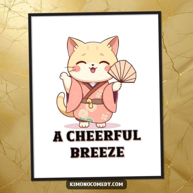 Funny cat fan poster art of a kawaii cat in a festive kimono, joyfully waving a fan, adding cheer to decor.