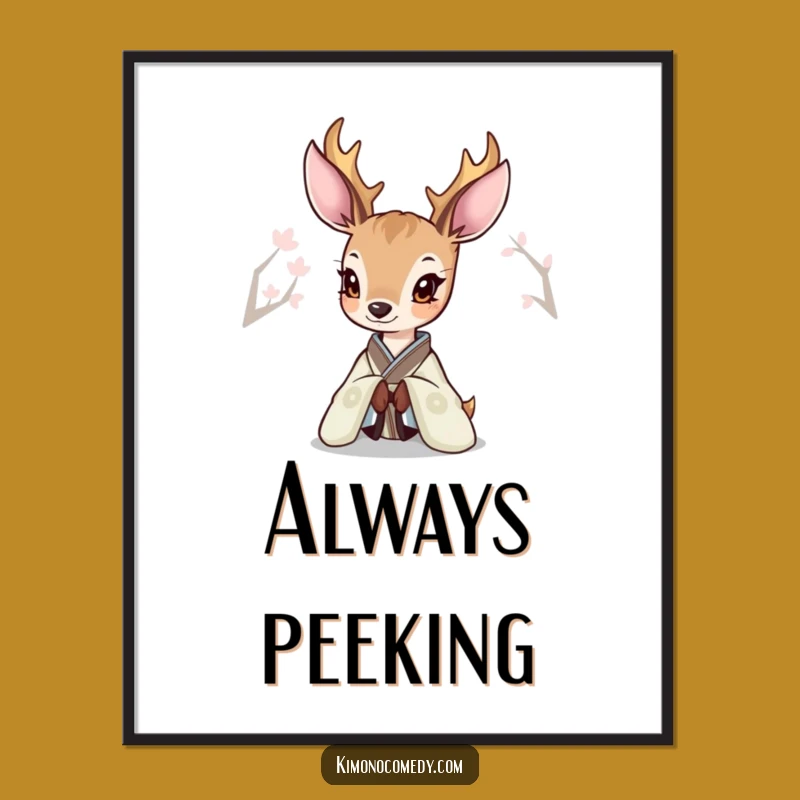 Funny Deer Kimono Poster: Elegant Wall Art of a Curious Peeking Deer