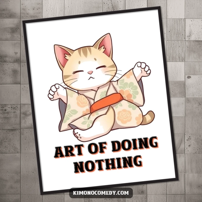 Funny poster of an artistic cat in a patterned kimono, stretching lazily, exuding elegance and relaxed charm.