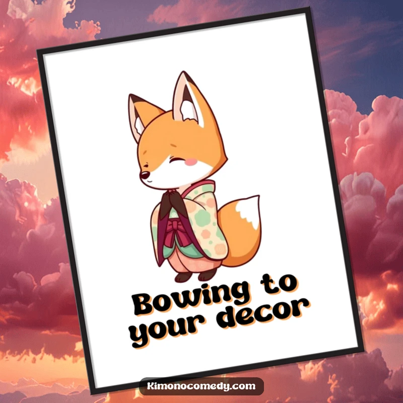 Funny Kawaii Fox Poster: A beautiful print of a fox in a colorful kimono bowing politely, adding humor to your decor.