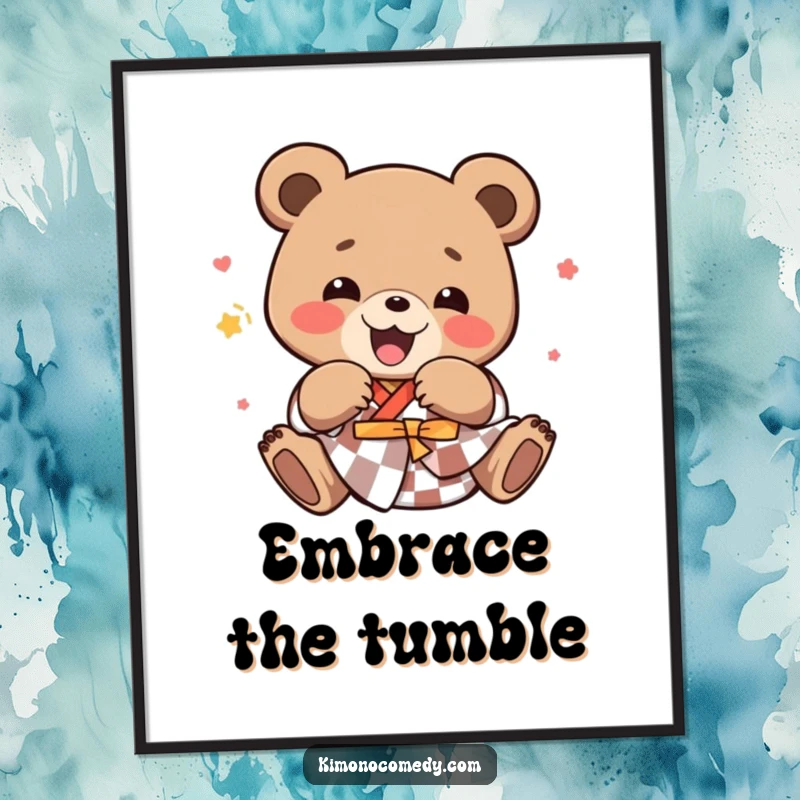 Funny kawaii bear in a checkered kimono, tumbling with immense joy, displayed as a vibrant art poster.