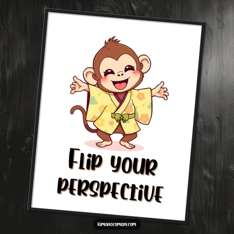 Funny poster of a joyful monkey in a bright kimono performing a silly flip, radiating pure, unadulterated fun.