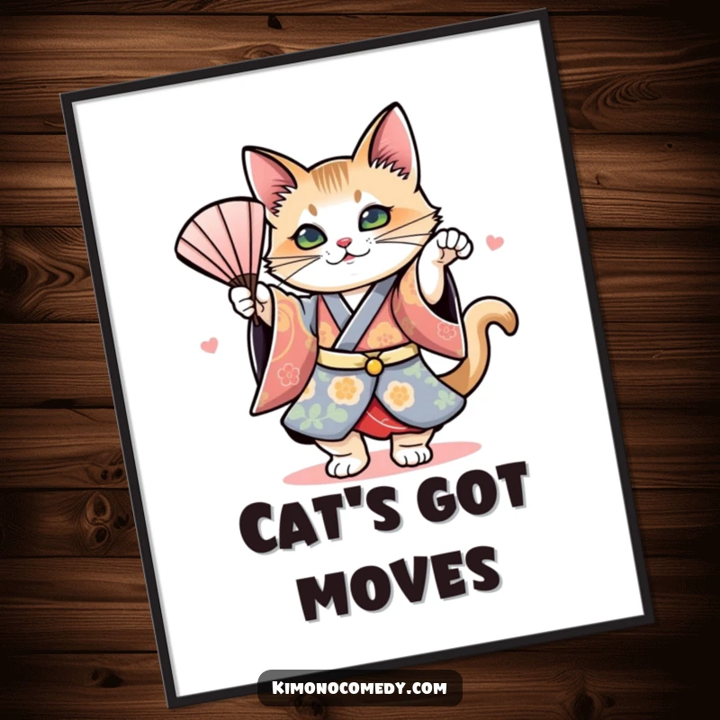 Funny poster featuring a cat in a beautiful kimono performing a dramatic fan dance, adding artistic elegance and humor to decor.