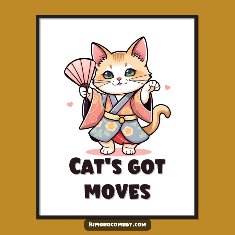 Funny Cat Kimono Fan Dance Poster: Dramatic Wall Art for Feline Art Lovers