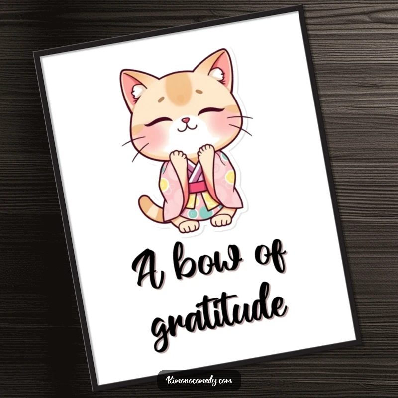 Funny cat kimono poster art of a cute kawaii cat in a colorful kimono, performing a deep, smiling bow, ideal for wall decor.