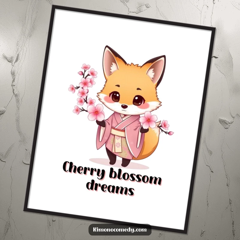Funny Fox Kimono Poster showing a fox in a silk kimono offering a cherry blossom, adding refined art to any room.