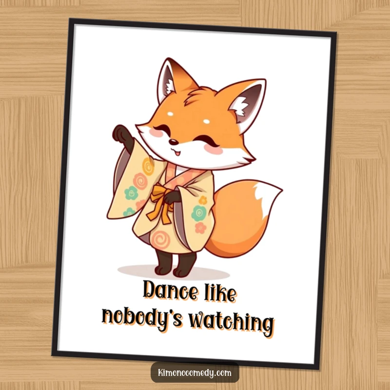 Funny poster of a mischievous fox in a colorful kimono performing a playful pirouette, adding artistic and whimsical humor.