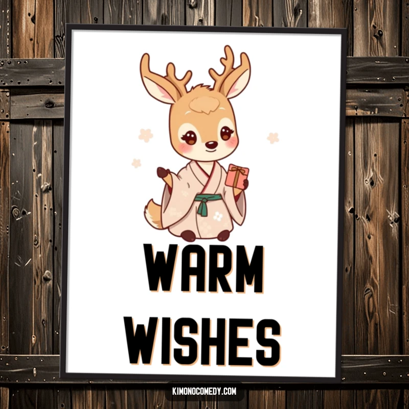 Funny deer poster showing a gentle creature in a serene kimono, offering a small gift with a peaceful smile.