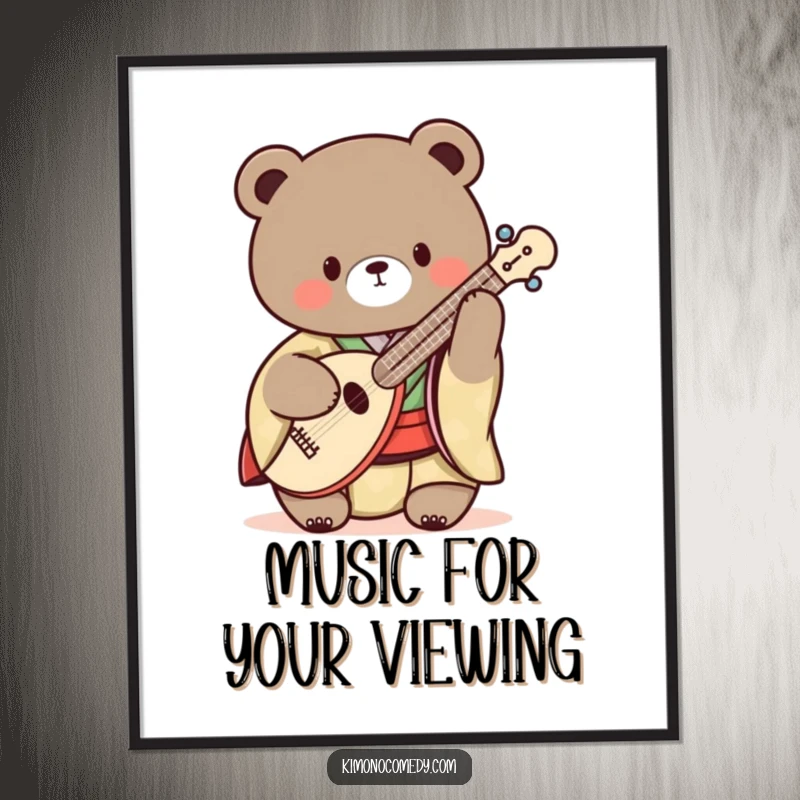 Funny Kawaii Bear Poster: A print of a bear in a kimono playing a shamisen, adding musical charm and humor to decor.