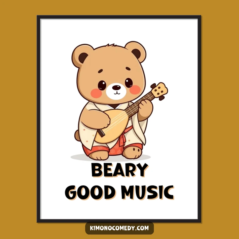 Funny Kawaii Bear Shamisen Poster: Vibrant Japanese Art Print Gift