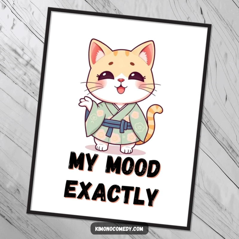 Funny Kawaii cat illustration in a kimono, shrugging playfully, a humorous wall art print for cat lovers.