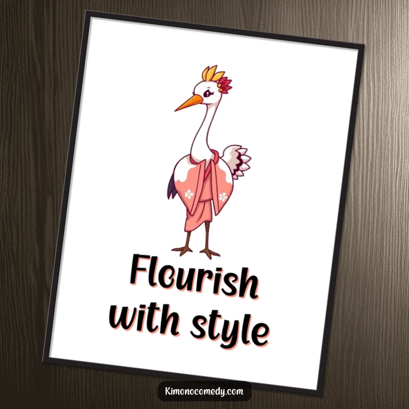 Funny poster print of a graceful kawaii crane in an elegant kimono, performing a sophisticated bow with a flourish, full of charm.