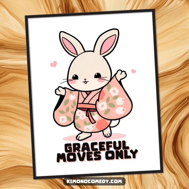 Funny Kawaii rabbit in a vibrant floral kimono, dancing gracefully with a cheerful expression, displayed on this joyful poster.