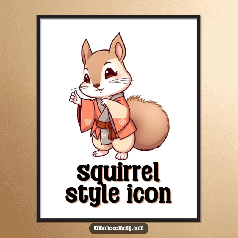 Funny kawaii squirrel in a stylish kimono striking a dramatic pose on a poster, capturing humorous anime elegance.