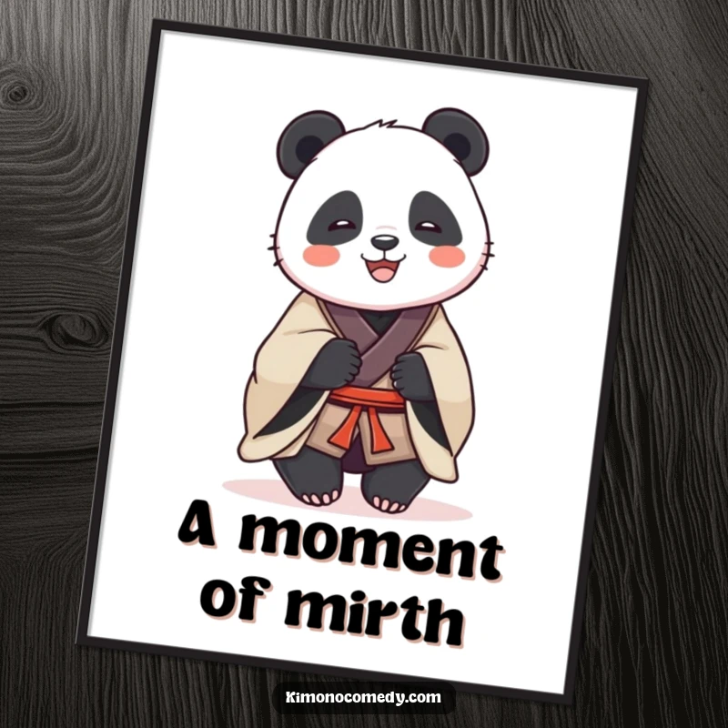 Funny wall poster of a dignified panda in a traditional kimono, sharing a warm, hearty laugh, adding a touch of gentle humor.