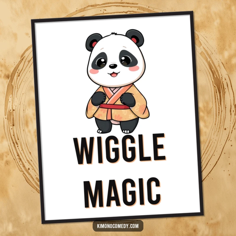 Funny panda in a patterned kimono, captured mid-silly wiggle. A vibrant and humorous wall art piece.