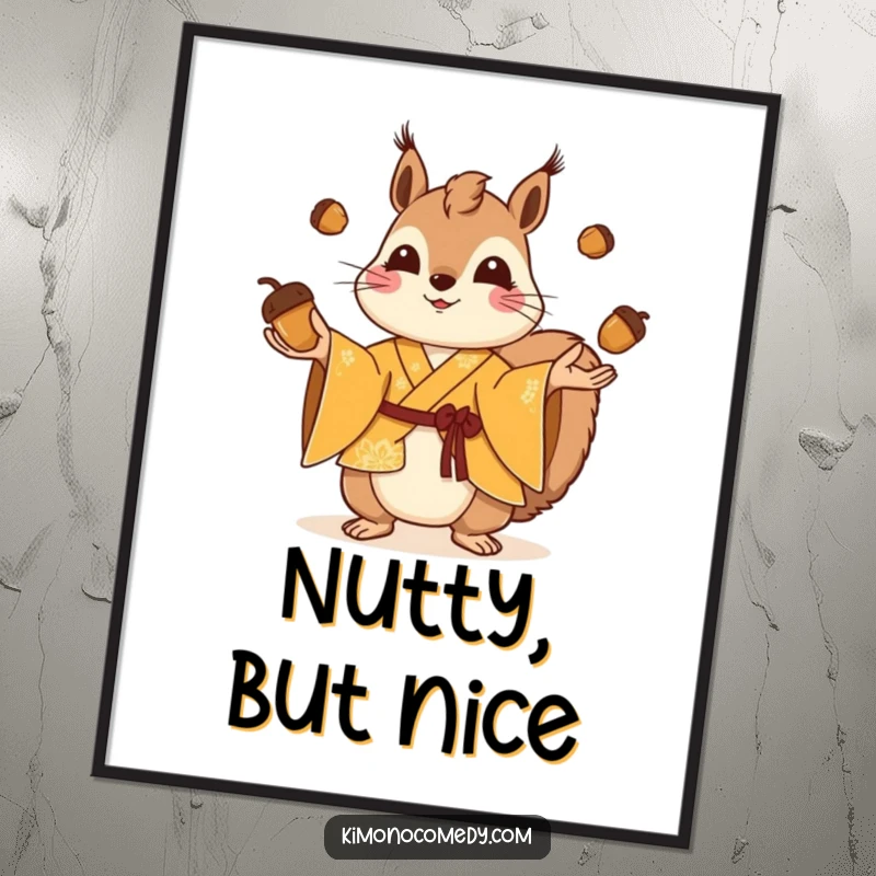 Funny squirrel in a bright kimono juggling small acorns, playful wall art, whimsical cartoon illustration, perfect humorous gift.