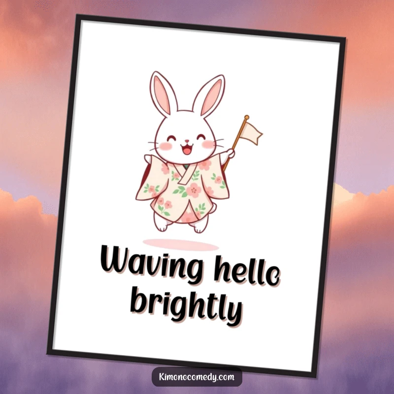 Funny poster featuring a rabbit in a floral kimono hopping excitedly and waving a small flag, adding festive humor to decor.