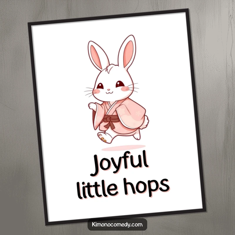 Funny Poster: A happy rabbit in a fancy kimono hops with glee, bringing a sense of pure joy and cute charm to your decor.