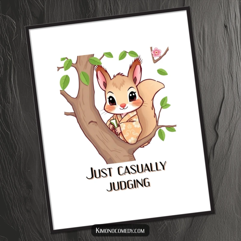 Funny poster of a curious squirrel in a patterned kimono, peeking from a tree branch, exuding playful intrigue.
