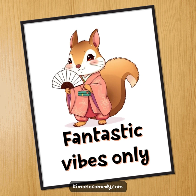 Funny Squirrel Kimono Poster showcasing a cute squirrel in a vibrant kimono holding a tiny fan, adding charm to any wall.