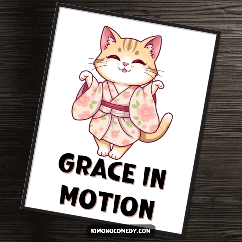 Funny cat in a floral kimono, captured in a moment of graceful, elegant twirling. A charming wall art piece.