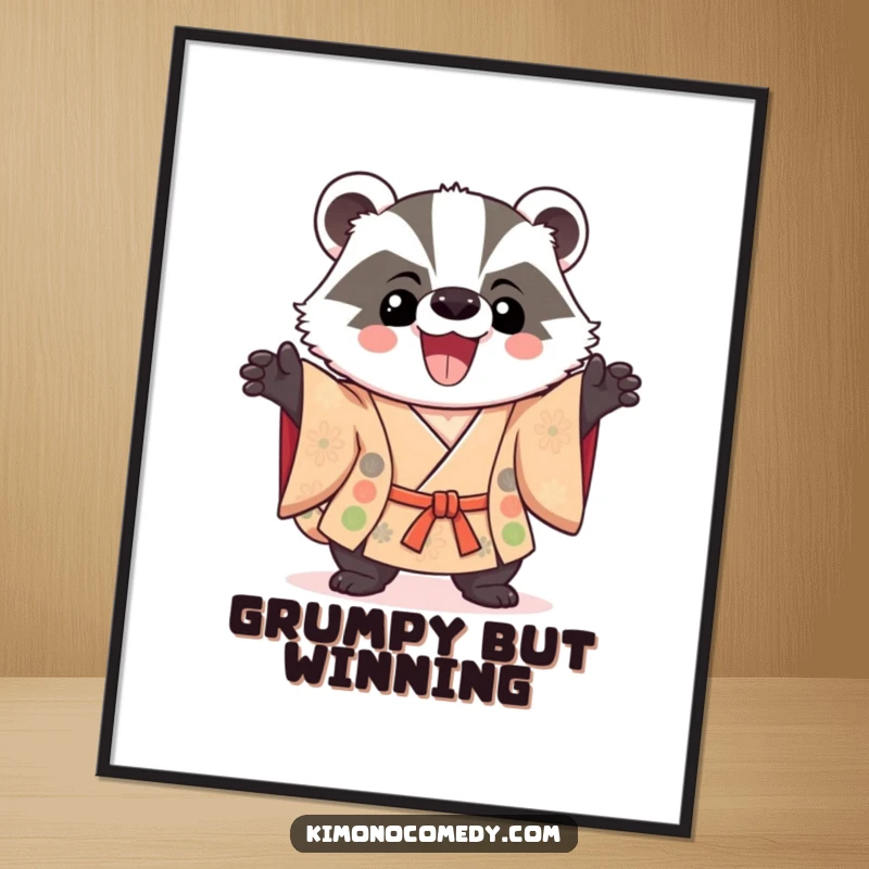 Funny Kawaii Badger Poster: A triumphant badger in a stylish kimono stands tall and proud, a symbol of victory and humorous delight.