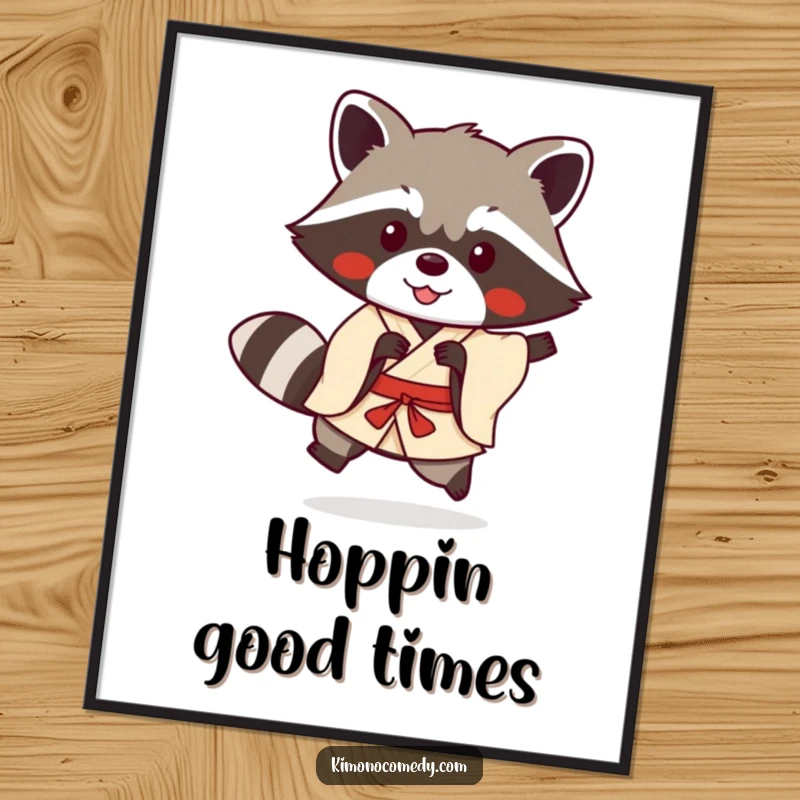 Funny kawaii raccoon in a simple kimono doing a playful hop on a poster, a humorous and energetic anime artwork.