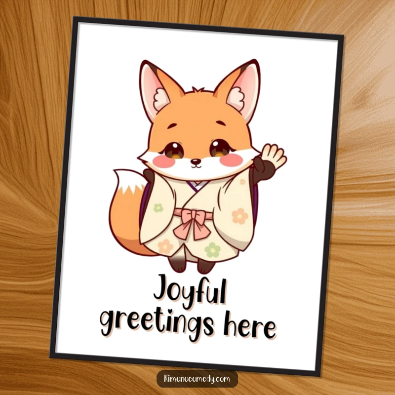 Funny Poster: A friendly fox in a flowing kimono waves happily, bringing a sense of warmth, joy, and woodland charm to your decor.