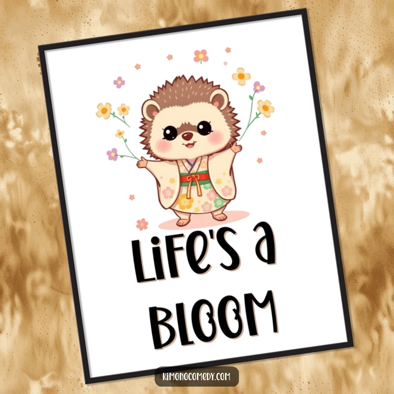 Funny Hedgehog Kimono Poster showing a cute hedgehog juggling flowers in a festive kimono, bringing cheer to any wall.