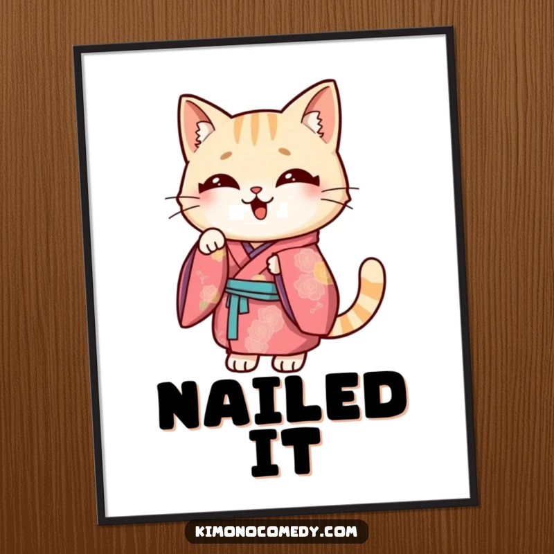 Funny Kawaii cat poster, illustration of a cat in a vibrant kimono striking a funny pose, humorous and charming wall art.
