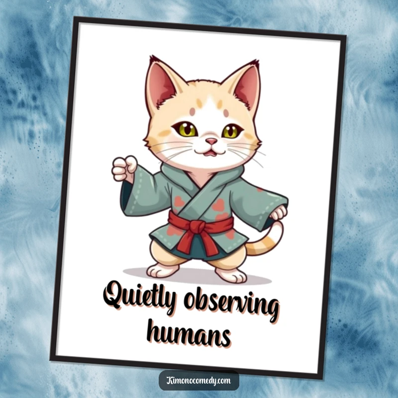 Funny Kawaii Cat Poster: Playful character in a colorful kimono, striking a dynamic ninja pose, creating an action-packed piece of wall art.