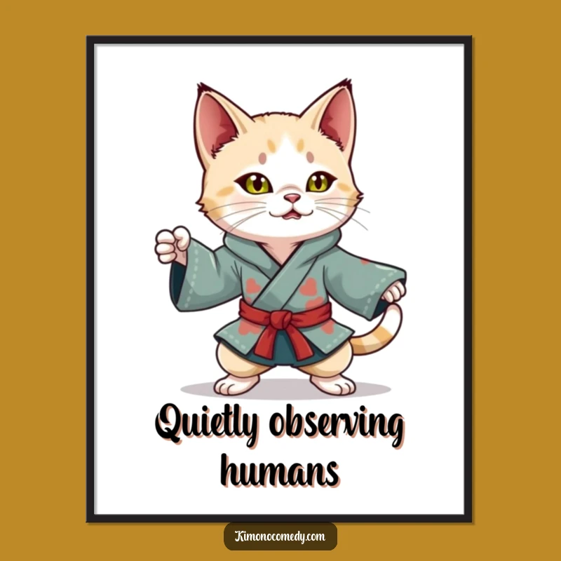 Funny Kawaii Cat Poster: Ninja Kimono Action, Perfect Wall Decor Gift!