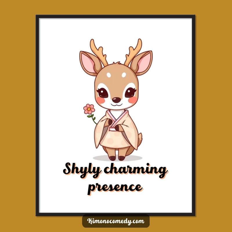 Funny Kawaii Deer Flower Poster - Shy Kimono Art Print