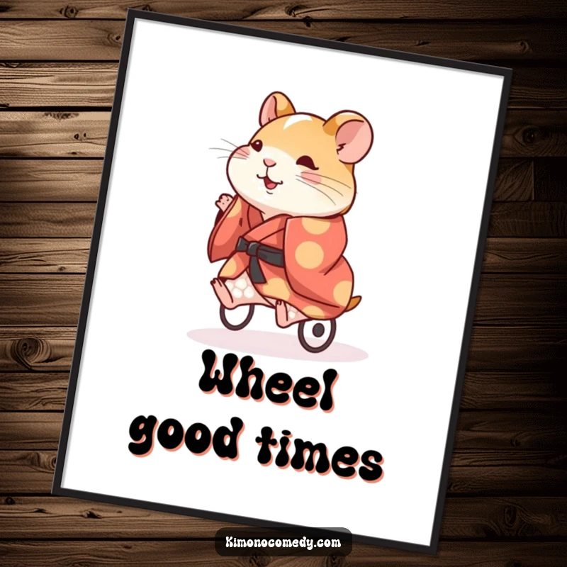 Funny Hamster Kimono Poster: An energetic hamster in a colorful kimono running on a wheel, a humorous and vibrant art piece.