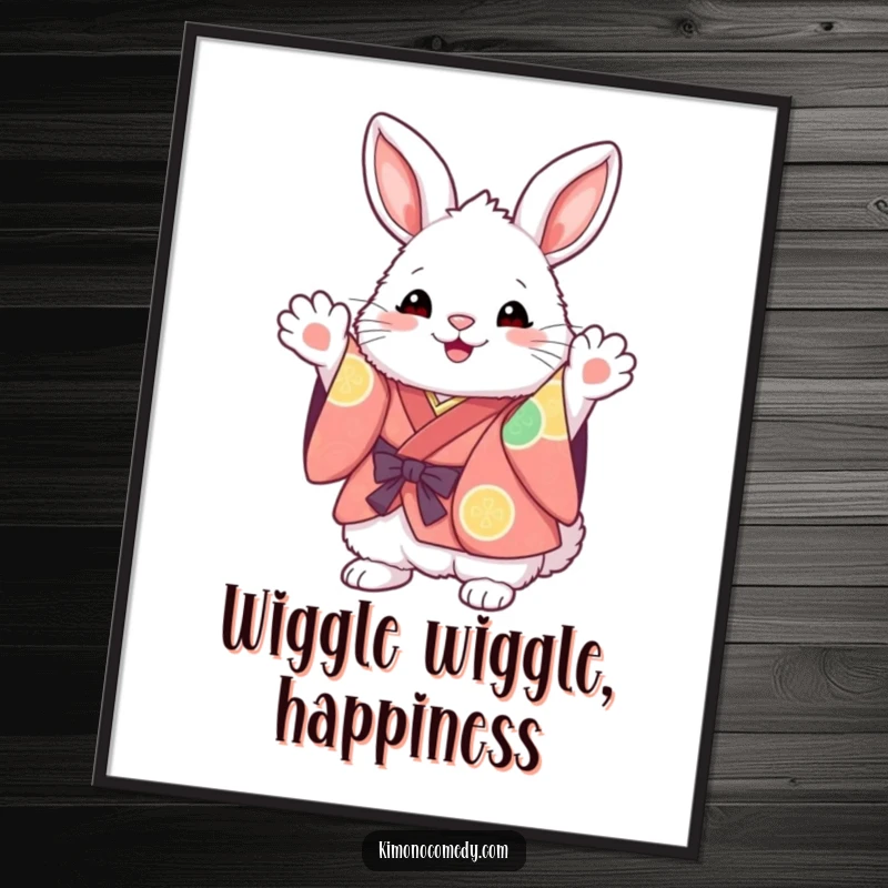 Funny Kawaii Bunny Poster: Fluffy character in a vibrant kimono, excitedly waving paws, creating a cheerful and eye-catching piece of wall art.