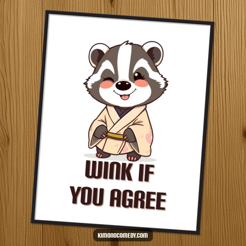 Funny smiling badger in a kimono, giving a wink, presented as cheeky wall art on a poster.