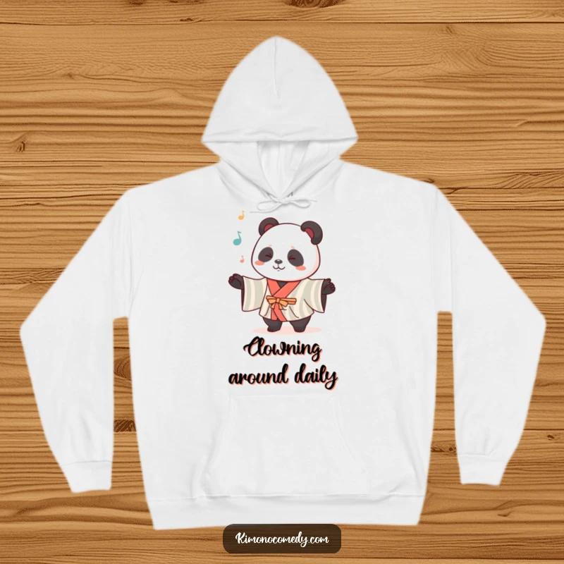 Funny Kawaii Panda Hoodie: A cute panda in a striped kimono juggles objects, offering warmth and a touch of playful entertainment.