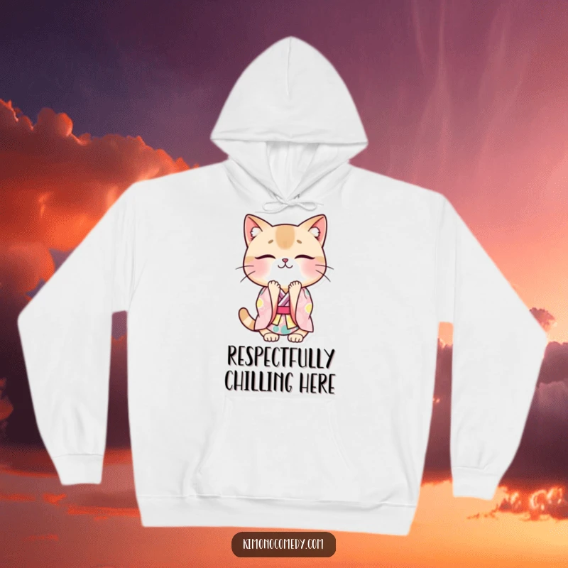 Funny cat kimono hoodie featuring a kawaii cat in a colorful kimono, performing a respectful and smiling bow, perfect for cozy wear.