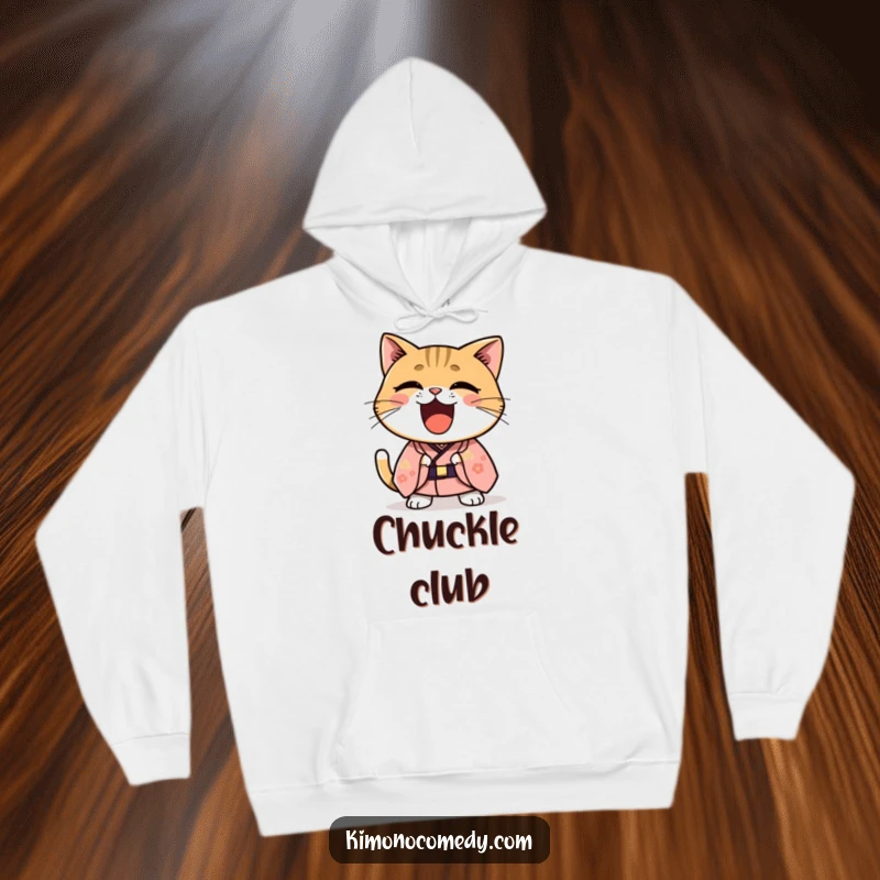 Funny Kawaii cat in a formal kimono laughing joyfully, soft and warm hoodie for comfort and a touch of humor.
