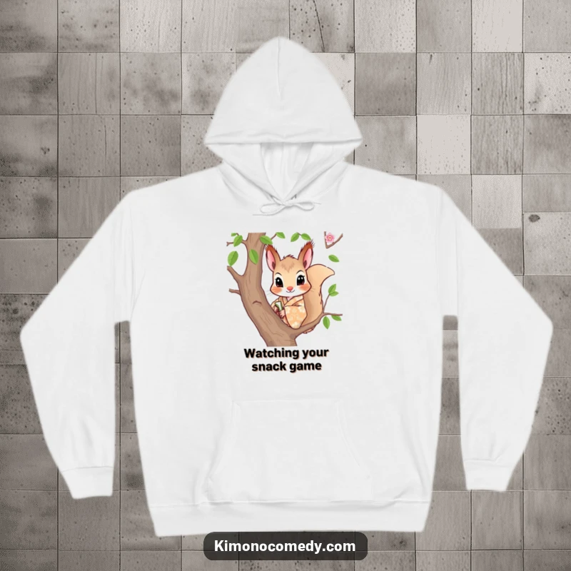 Funny hoodie with a curious squirrel in a patterned kimono, peeking from a tree, offering cozy style.