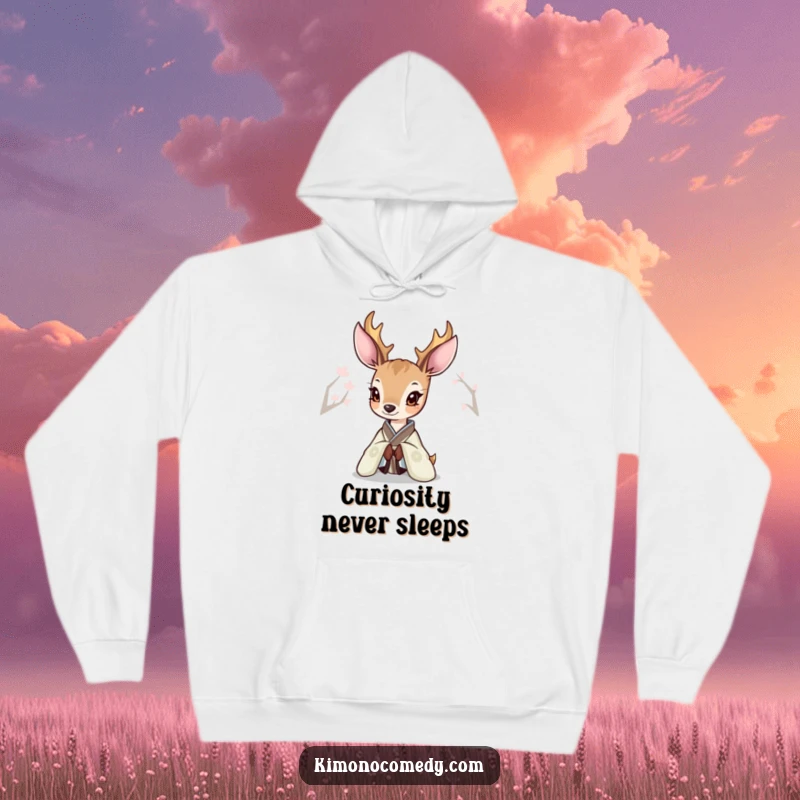 Funny Deer Kimono Hoodie depicting a deer curiously peeking from an elegant kimono, offering comfort and subtle humor.