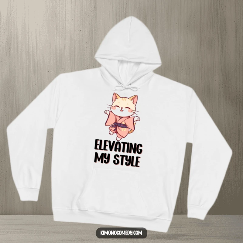 Funny cat leap hoodie featuring a kawaii cat in elegant kimono attire, gracefully leaping, perfect for cozy, stylish wear.