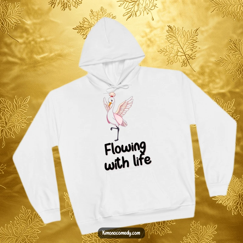 Funny crane in a flowing kimono dancing, warm hooded sweatshirt, elegant animal, funny gift for art lovers.