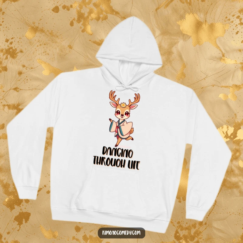 Funny hoodie featuring a smiling kawaii deer in a beautiful kimono, gracefully prancing with evident joy and understated elegance.