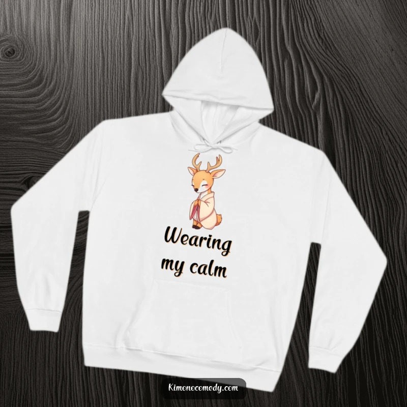 Funny hooded sweatshirt showcasing a serene deer in a delicate silk kimono, gracefully bowing, perfect for moments of quiet contemplation.